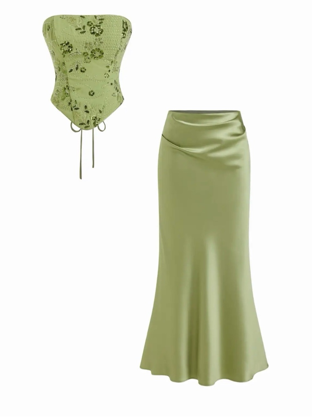Cider Olive Green Satin Midi/Maxi Skirt & Embellished Corset Set
